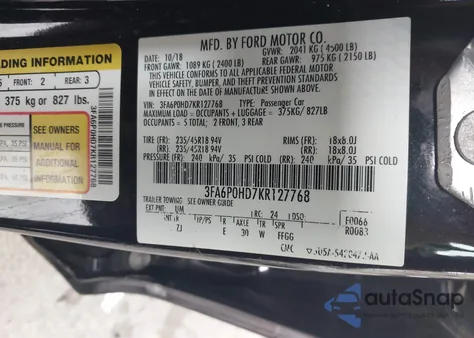 2019 Ford Fusion Se из США, поврежденный, VIN 3FA6P0HD7KR127768